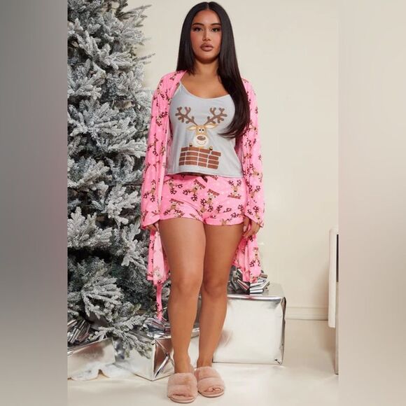 Reindeer Kiss PJ Robe Set - Pink/combo - Picture 1 of 3